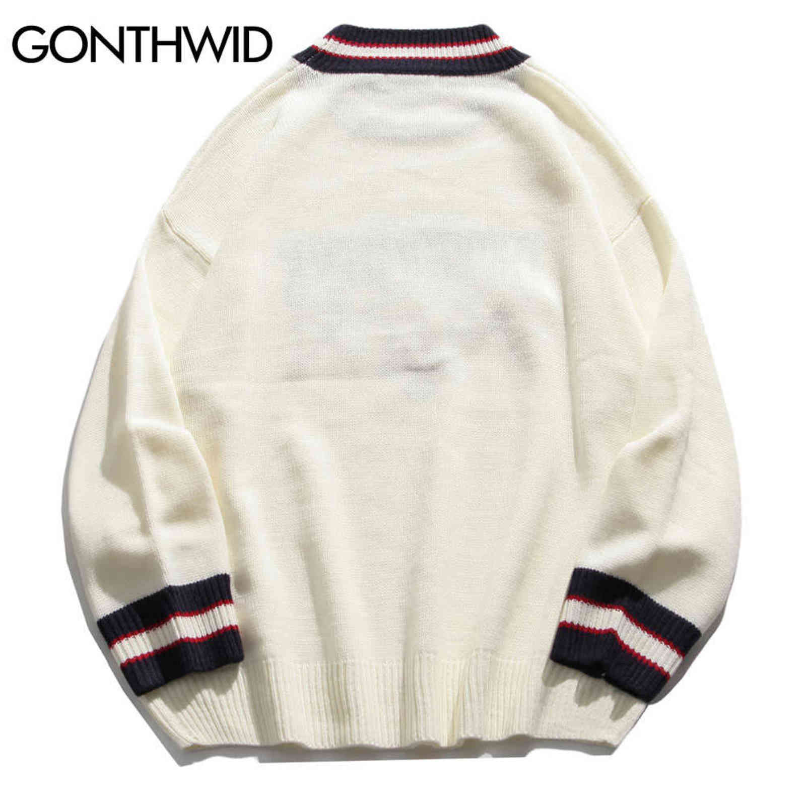 GONTHWID Bear Patchwork Striped Knitted Jumpers Sweaters Streetwear Hip Hop Harajuku Casual Pullover knitwear Mens Fashion Tops 211102