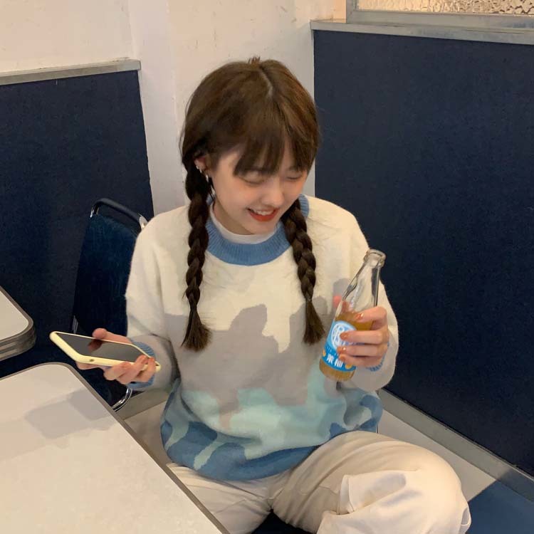 2 colors Korean style loose Knitted warm Sweaters Women patchwork Rabbit fur soft women sweaters and pullovers (F1468 210423