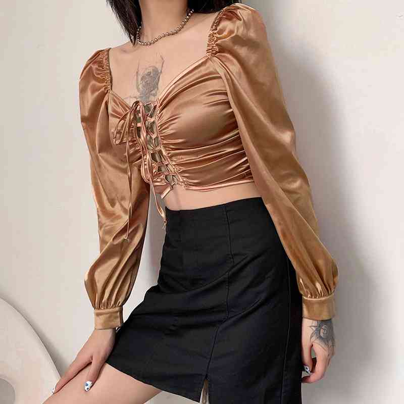 European and American style ins spring women's wear sexy low cut strap hollow out navel slim long sleeve T-shirt 210602