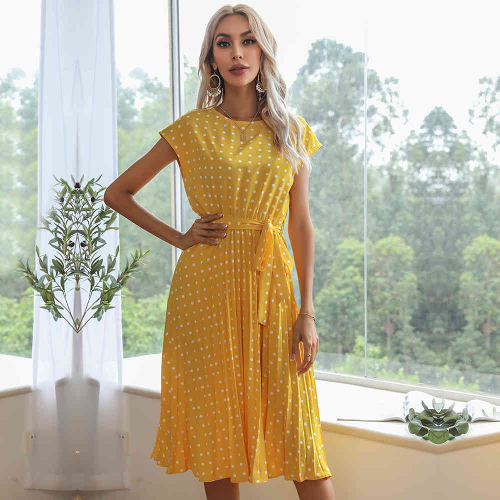 Summer Beach Woman Dress Fashion Print Polka Dot Casual Pleated Midi Dresses For Women Vacation Elegant Ladies Sundress 210409