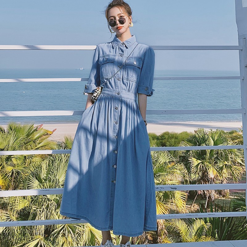 Korean Women Slim Denim Dress Fashion Short Sleeve Turn-Down Collar Single Breasted Elastic Waist Casual Long Female 210519