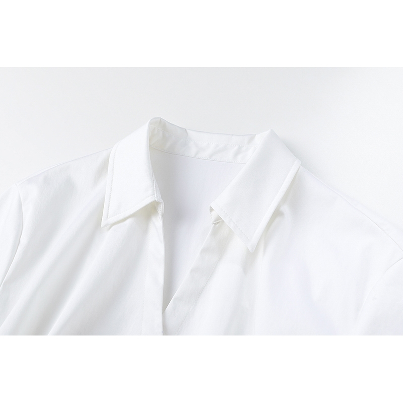 [EAM] Women White Bandage Pleated Big Size Shirt Dress Lapel Short Sleeve Loose Fit Fashion Spring Summer 1DD8955 210512
