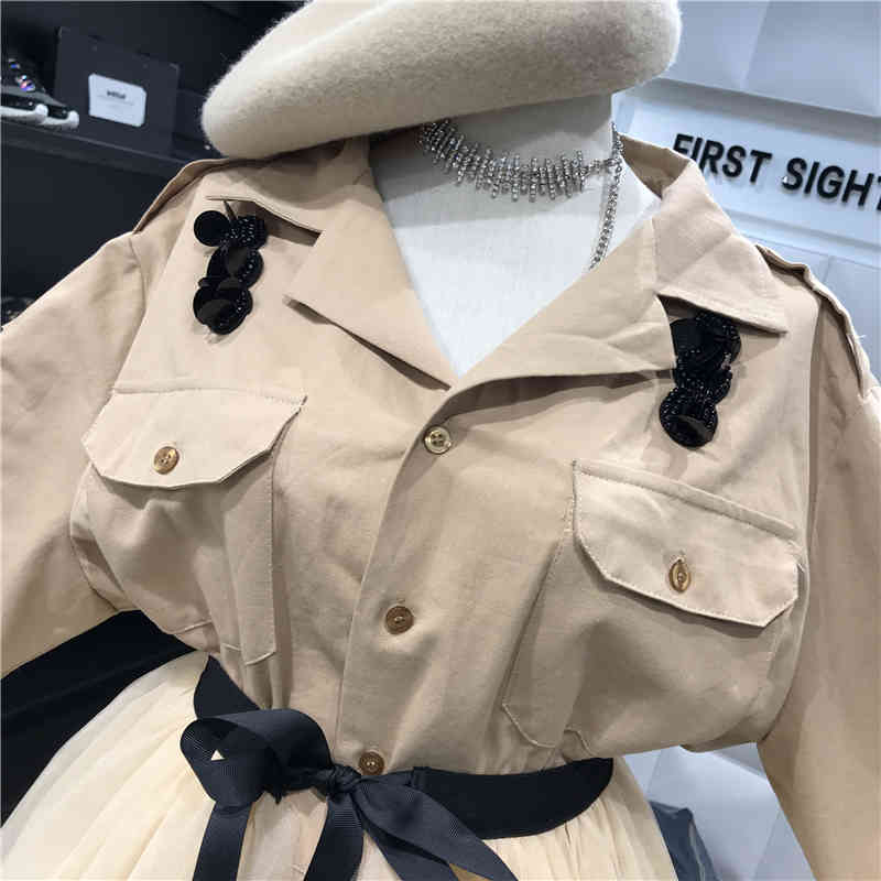 Women Two Piece Outfits Sequined Embroidery Half Sleeve Khaki Jacket Blouse + Lace-up Patchwork Tulle Mesh Skirt Set 210518