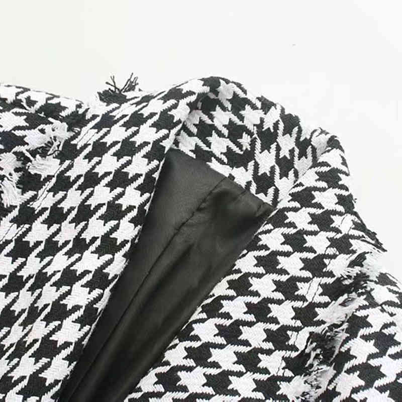 Fashion Houndstooth Blazer Women Elegant Tweed Coat Casual Double Breasted Suit Jacket Long Sleeve Female Chaqueta Mujer 210515