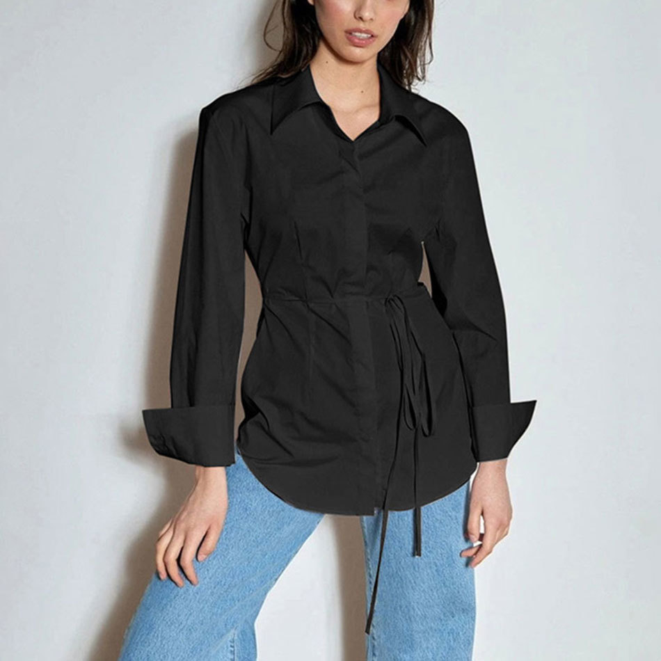 Free Blouse Women Long Sleeve Hollow Out Lace up Shirts Casual Fashion Sexy Turn-down Collar Front Button Solid Top 210524