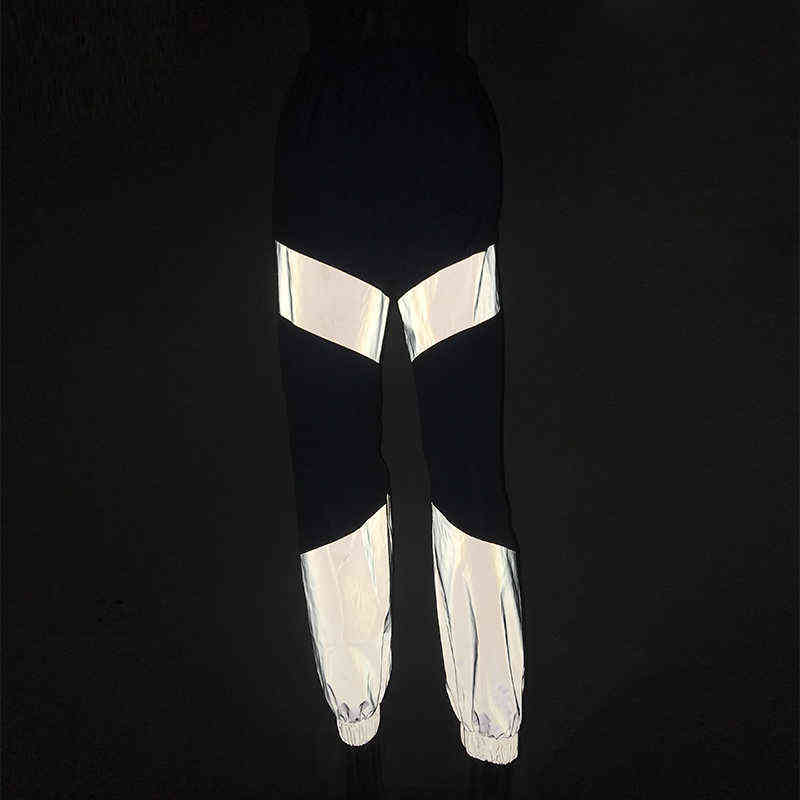OMSJ Autumn Winter Loose Hight Waist Flash Reflective Patchwork Jogger Pants Women Neon Streetwear Outfits Cargo Trousers 211115