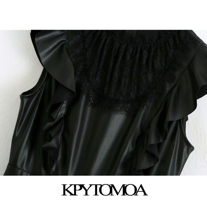 Women Chic Fashion With Lace Faux Leather Midi Dress Back Zipper Ruffled Female Dresses Vestidos Mujer 210420