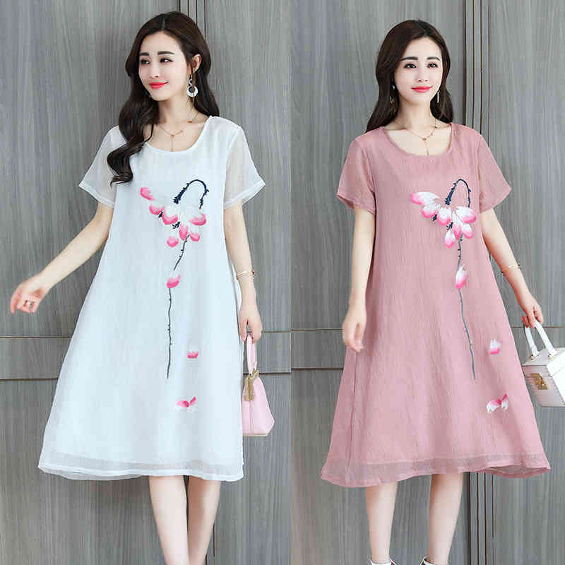 printed chiffon women dress loose plus size summer short sleeve knee length women's clothing 0273 40 210506