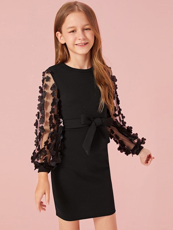 Girls Mesh With Appliques Belted Dress SHE