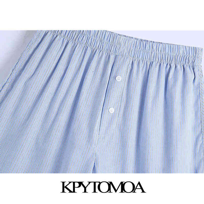 Women Fashion Side Pockets Striped Bermuda Shorts Vintage High Elastic Waist Split Hem Female Short Pants Mujer 210416