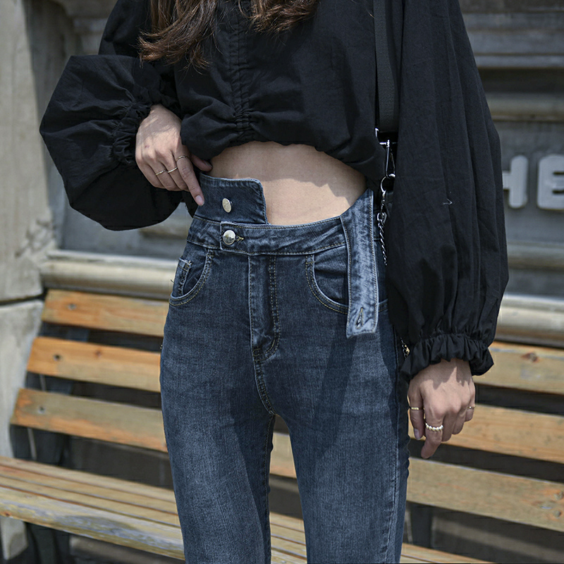 Kog814 Blue Black Female Tight Little Feet High Waist Jeans Pants Fall In New Han Edition Show Trousers Nine Points