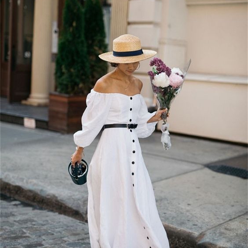 Women Dress Slash Neck Off Shoulder Maxi Temperament White Ladies es High Waist Single Breasted Long es 210513