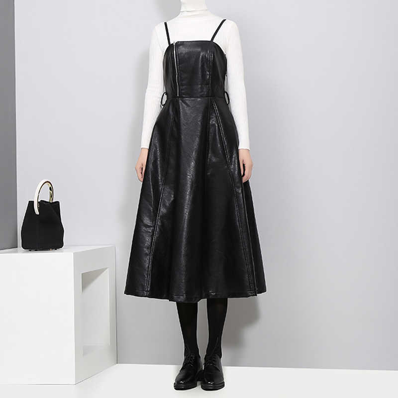 Ly Varey Lin Autumn Strapless Black Pu Leather Long Dress Women High Waist Belt Zipper Loose Vestidos 210526
