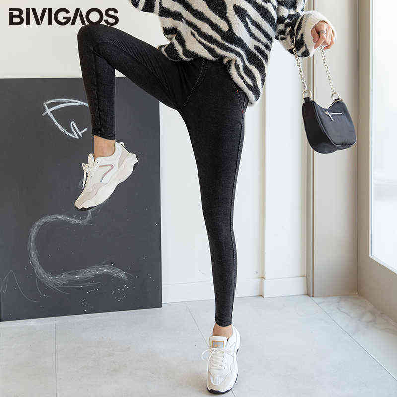 BIVIGAOS Women Jeans Pencil Pants Sand Washed Stretch Jeans Leggings Korean Pocket Red Line Leggings Magic Black Gray Jeggings 211112