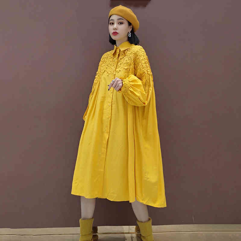 SHENGPLLAE Chic Lace Patchwrok Dress Women's Spring Lapel Large Size Single Breasted Long Sleeve Knee-length Dresses 210427