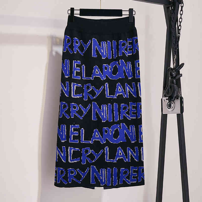 Nomikuma Korean Letters Knitted Skirts Autumn Winter New High Waist Women Sweater Skirt Causal Split Sexy Slim Faldas 6D147 210427