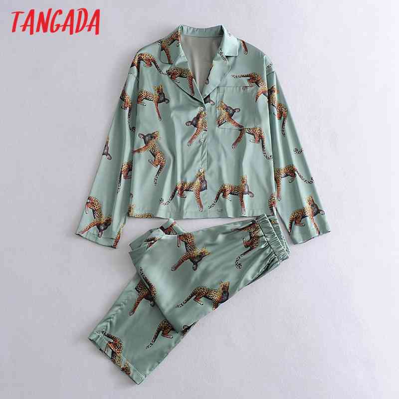 Women Animal Print Tops Suit 2 Piece Set Shirt and Long Pants High Quality 3W01 210416