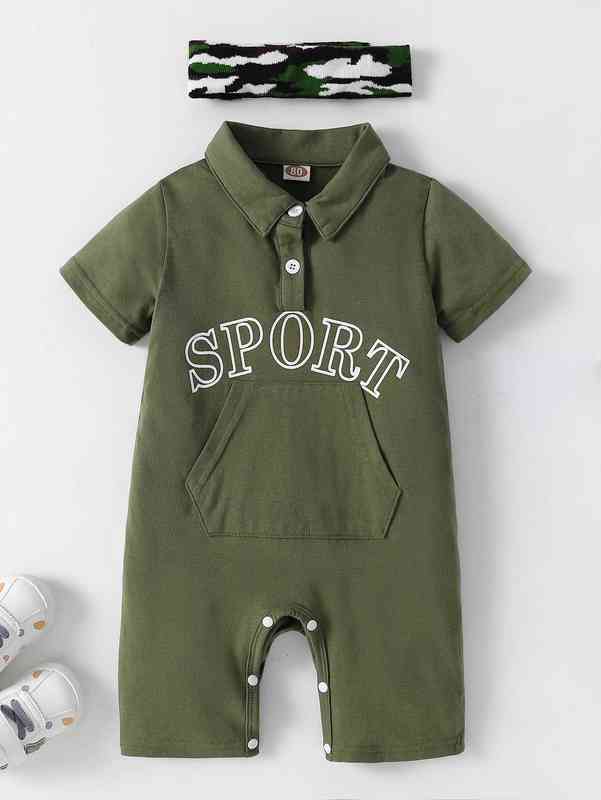 Baby Letter Graphic Kangaroo Pocket Polo Neck Romper SHE