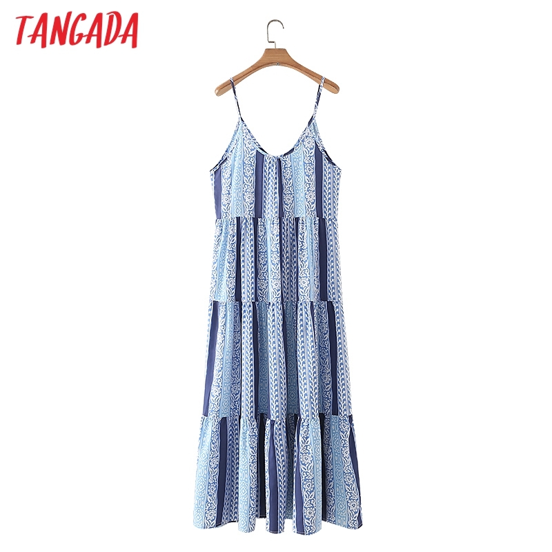 Summer Women Flowers Print Long Strap Sleeveless Ladies Loose Dress Vestidos 5X52 210416