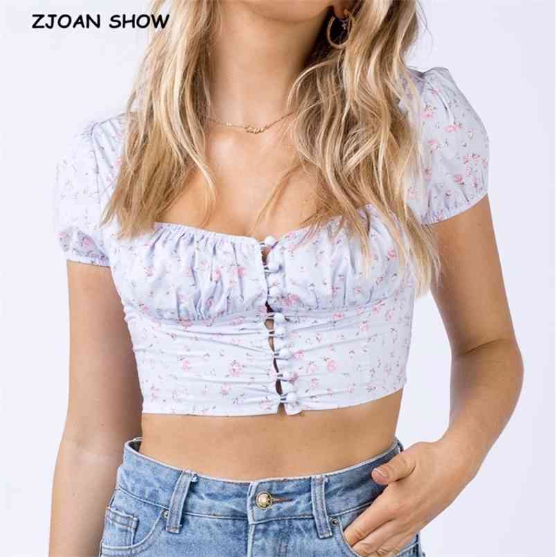 Single-breasted Button Elastic V neck Ruched Tank Tops Women Summer Short Sleeve Crop Top Streetwear Sexy Cool Girls Tees 210429