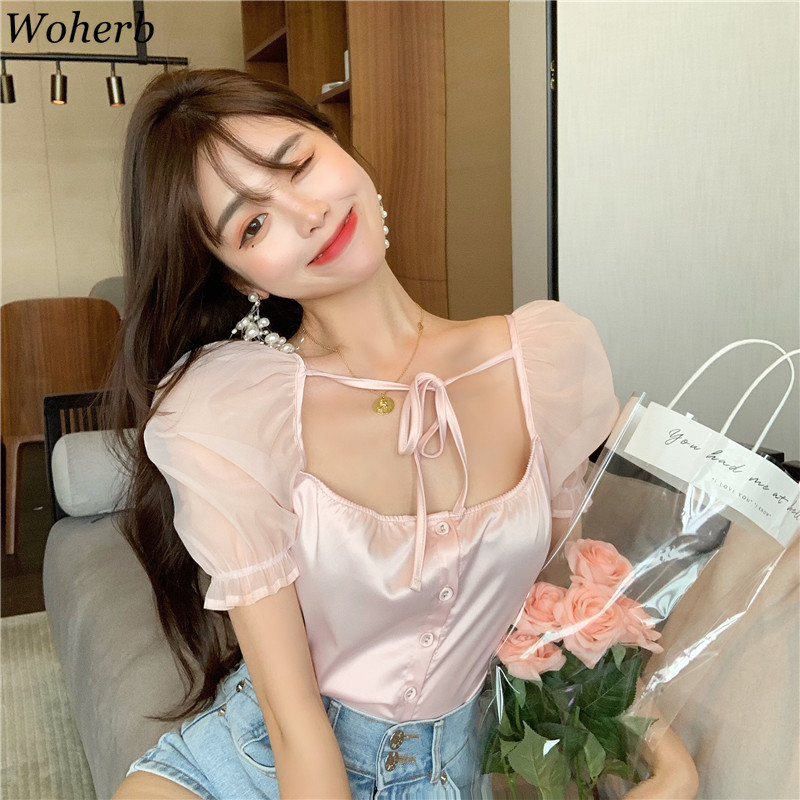 Square Collar Bandage Shirt Korean Elegant Summer Puff Sleeve Blusas Mujer Vintage Women Sexy Blouses Streetwear 210519