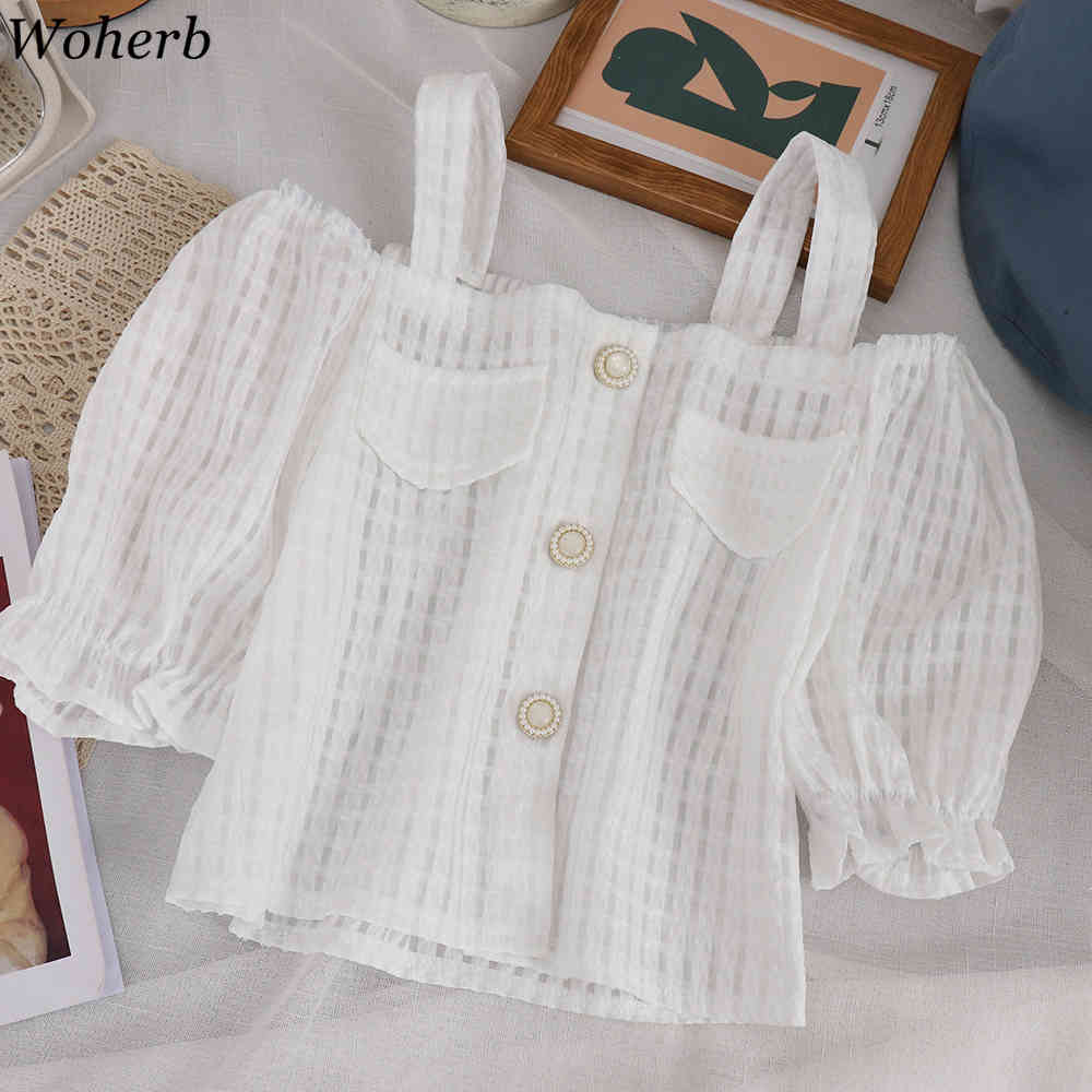 Off Shoulder Shirt Women Summer Blouses Slash Neck Spaghetti Strap Crop Tops Korean Sweet Short Sleeve Blusas Mujer 210519