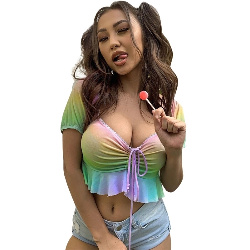 V Neck Top And Sexy Boobs Indie Tops Crop Womens Corpio De Mujer Blusas Sexys Ladies Lace Up Polyester Solid Lace 210625