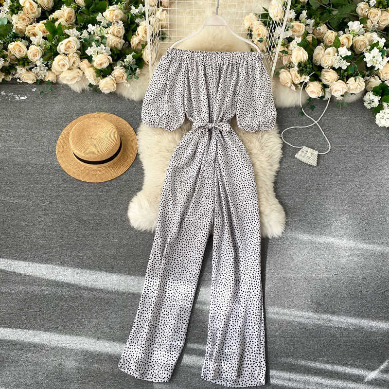 Women Fashion Slash Neck Short Sleeve Jumpsuit Autumn High-waisted Thin Broad-legged Overalls Clothing P880 210527