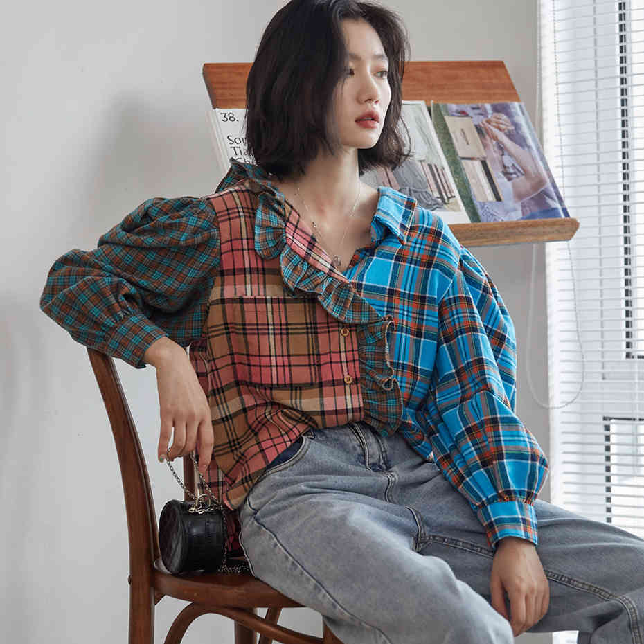 QoerliN Fall Contrast Color Plaid Shirt Women Retro Loose Casual Elegant Ruffles Blouse Ladies Shirt Fashion Lantern Sleeve Tops 210412