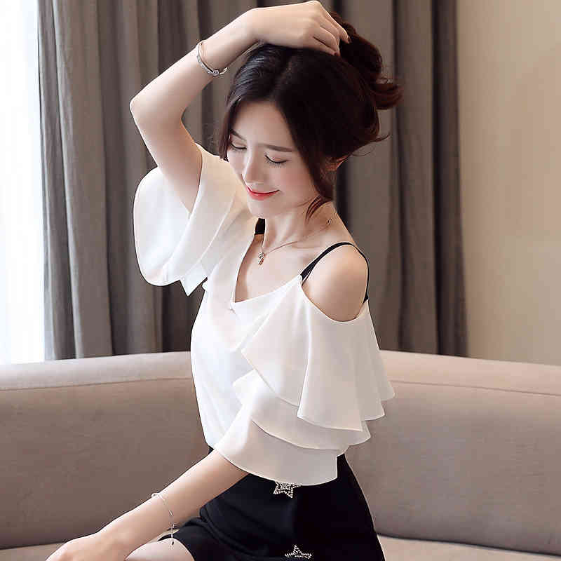 fashion woman blouses short sleeve women shirts white chiffon blouse shirt tops slash neck off shoulder top 3571 50 210506