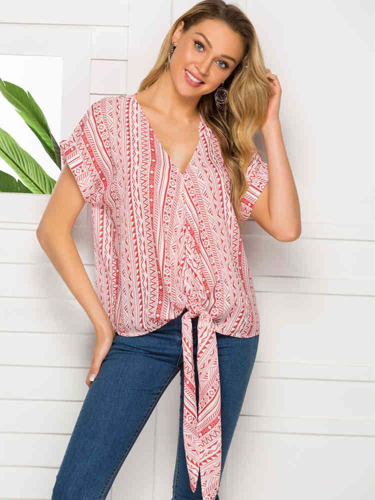 beauty Boho Vintage Print Deep V-neck Summer Blouses Women Holiday Chic Irregular Chiffon Tops Female Beach Blouse 210514