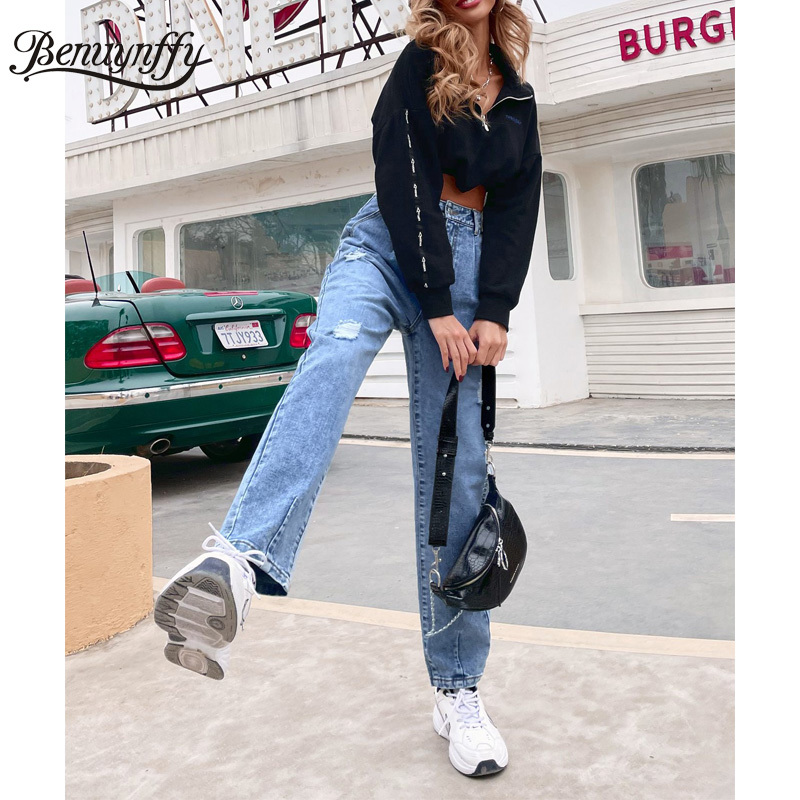 Solid Pleat Front Ripped Jeans Woman Spring Autumn High Waist Casual Streetwear Women Baggy Denim Pants Bottoms 210510