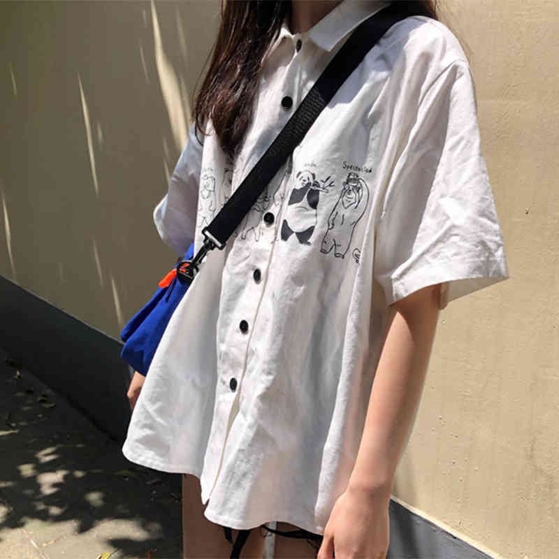 White Blouse Women Loose Japanese Style Cartoon Animal Print Kawaii Shirt Girls Cute Short Sleeve Blusas Summer Top 210519