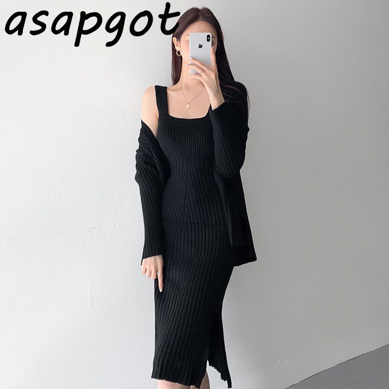 Temperament Autumn Winter Solid Knit Cardigan V Neck Sweater Jacket Side Split Vest Dress Knitted Women Sexy Fashion 210429