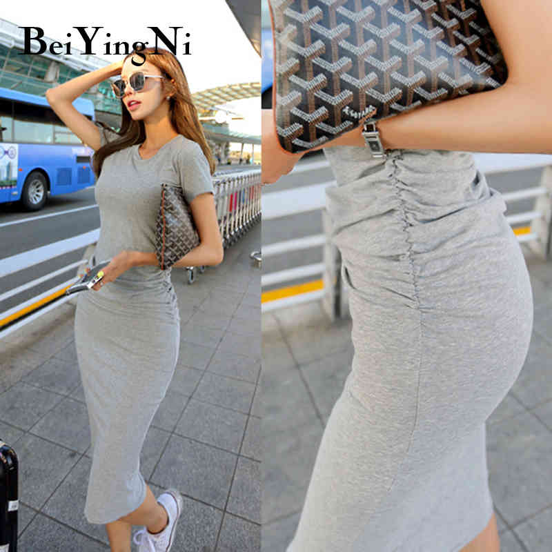 Women's Cotton Skinny Casual T-shirt Dress Korean Style Solid Color Plain White Black Gray High Elastic Bodycon 210506