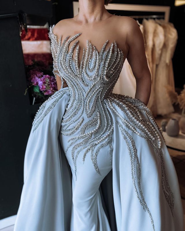 plus size arabic aso ebi mermaid luxurious sexy prom dresses pearls beaded satin evening formal party second reception gowns dress zj211