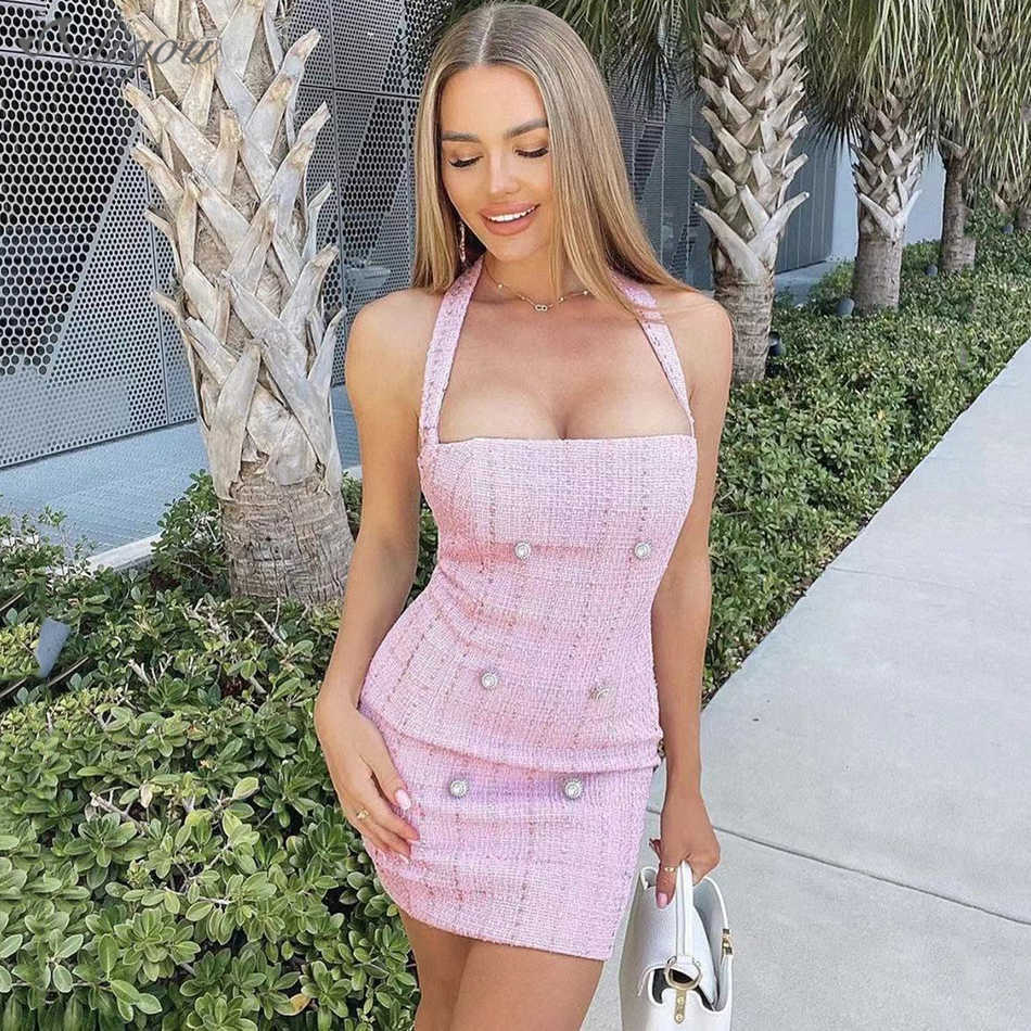 Summer Women's Pink Bodycon Halter Neck Tweed Mini Dress Sexy Sleeveless Button Celebrity Party 210525