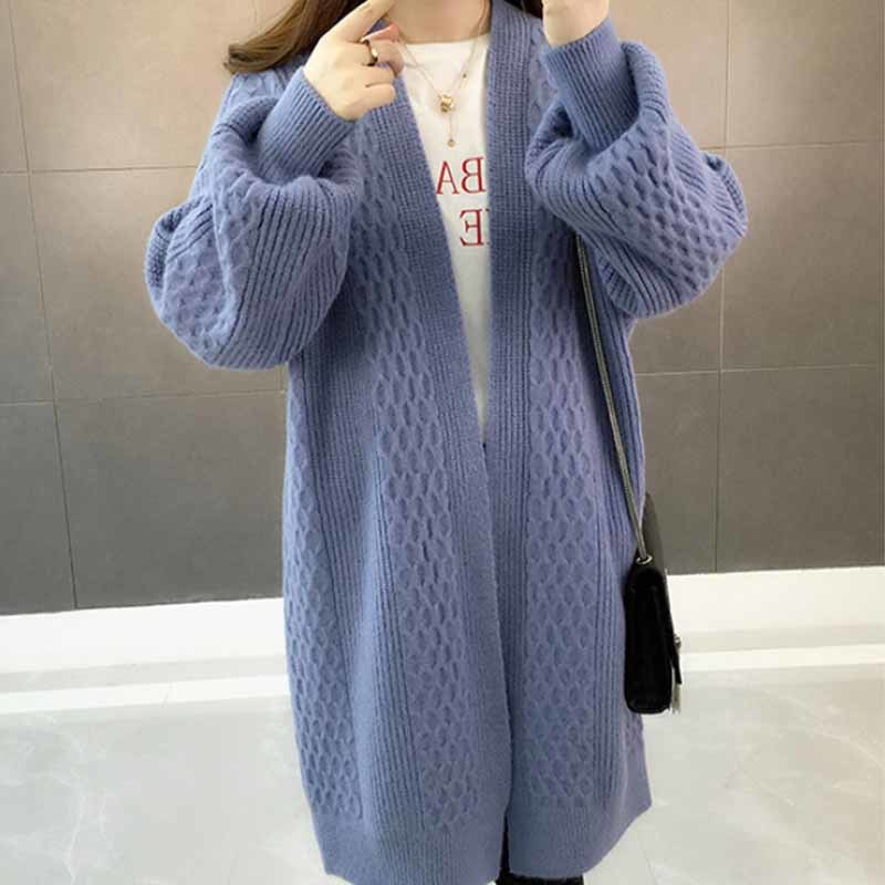 V-neck Lantern Sleeve Open Stitch Loose Sweater Autumn Cardigans Women Jacket Clothes Female Knit Coat 10879 210518
