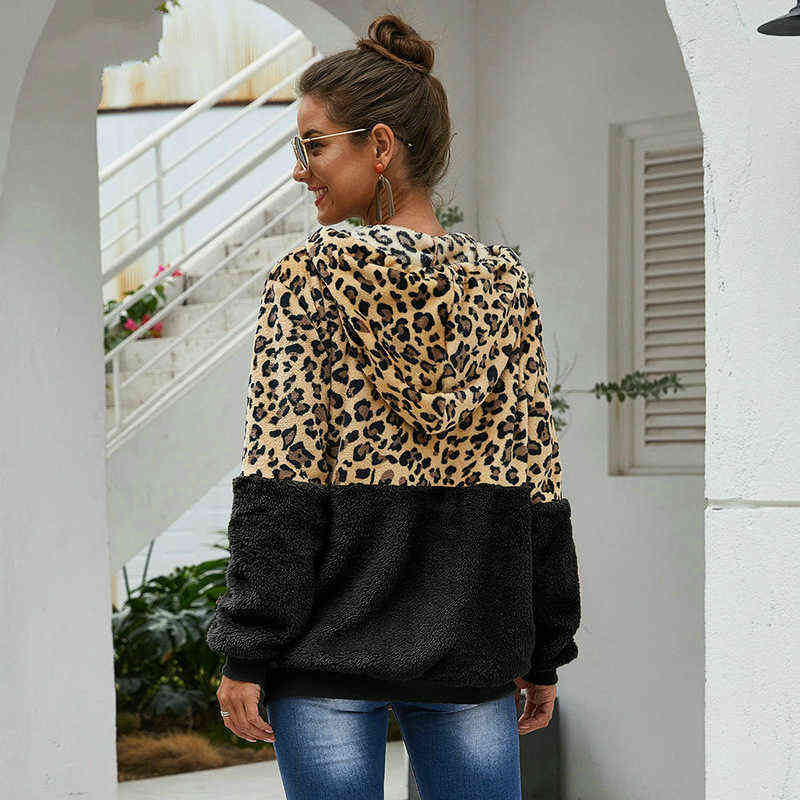 Autumn Winter Leopard Sweatshirts Women Long Sleeve Hooded Hoodies Casual Zipper Hoodie Top Warm Coat Polerones Mujer 211109