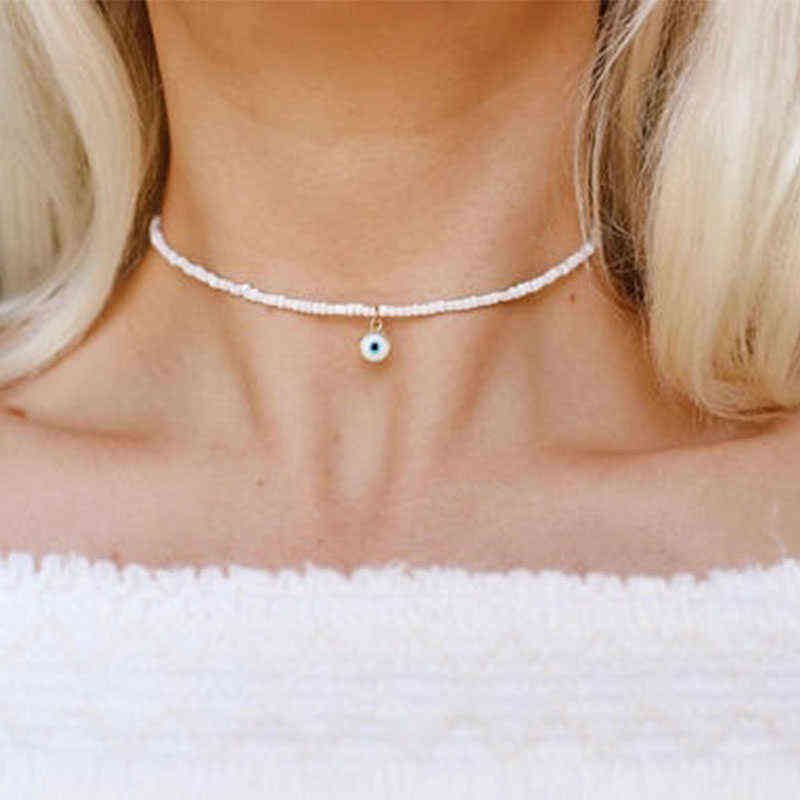 Baby Blue Evil Eye Beaded Choker Necklace G1206