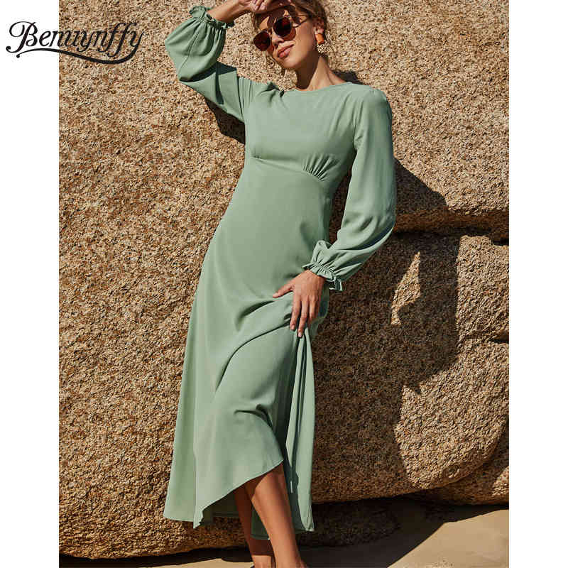 Crew Neck Solid Long Maxi Dresses Women Spring Summer Casual High Waist Sleeve Chiffon Fit and Frale Dress 210510