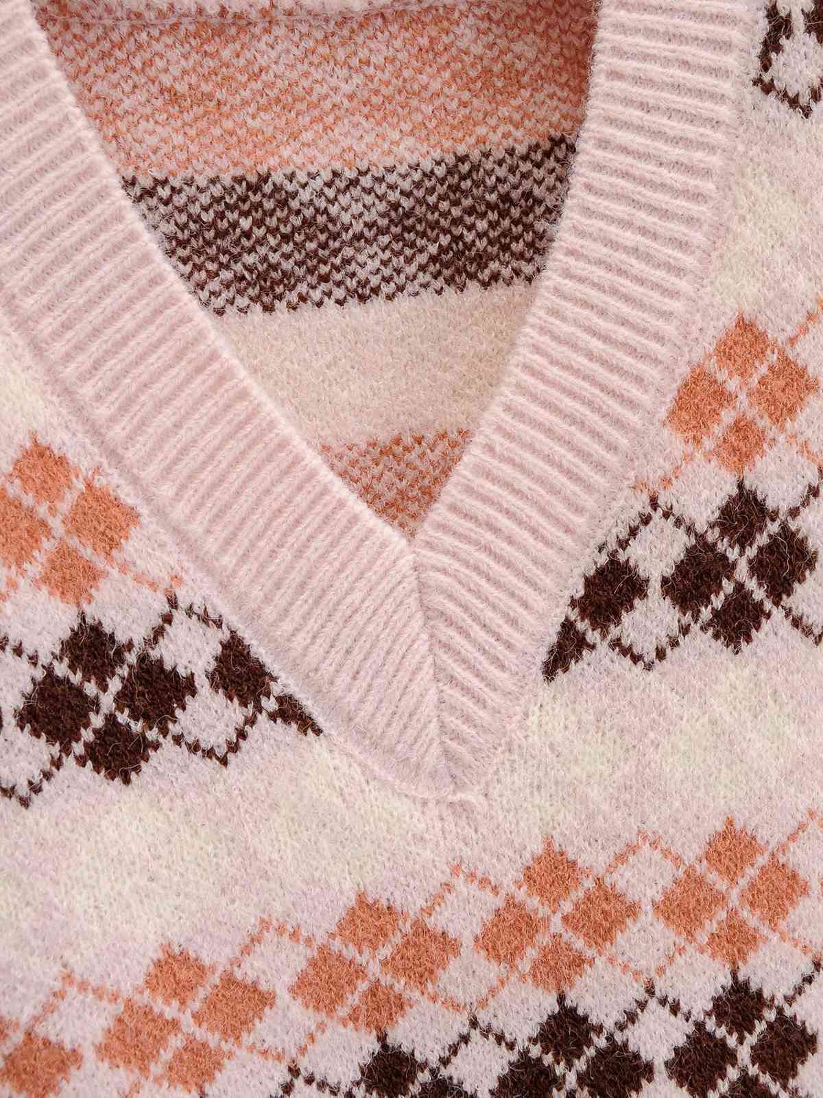 90s Pink Purple Argyle Plaid Knitted Sweater Vest Preppy Style Korean Clothing Cool Girl V Neck Sleeveless Jumper Y2K Knitwear 210429