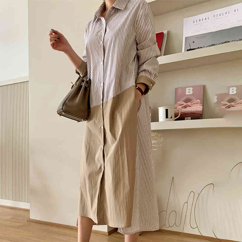 Striped Patchwork Shirt Dress Women's Summer Lapel Loose Single Breasted Long Sleeve Mid-calf Dresses 5E364 210427