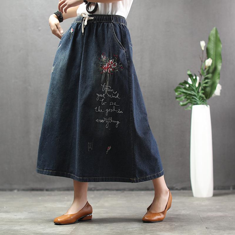 Skirts Summer Embroidery Midi Denim Skirt Women Vintage Art Elegant Plus Size Distress Elastic High Waist Loose Long Jean Female