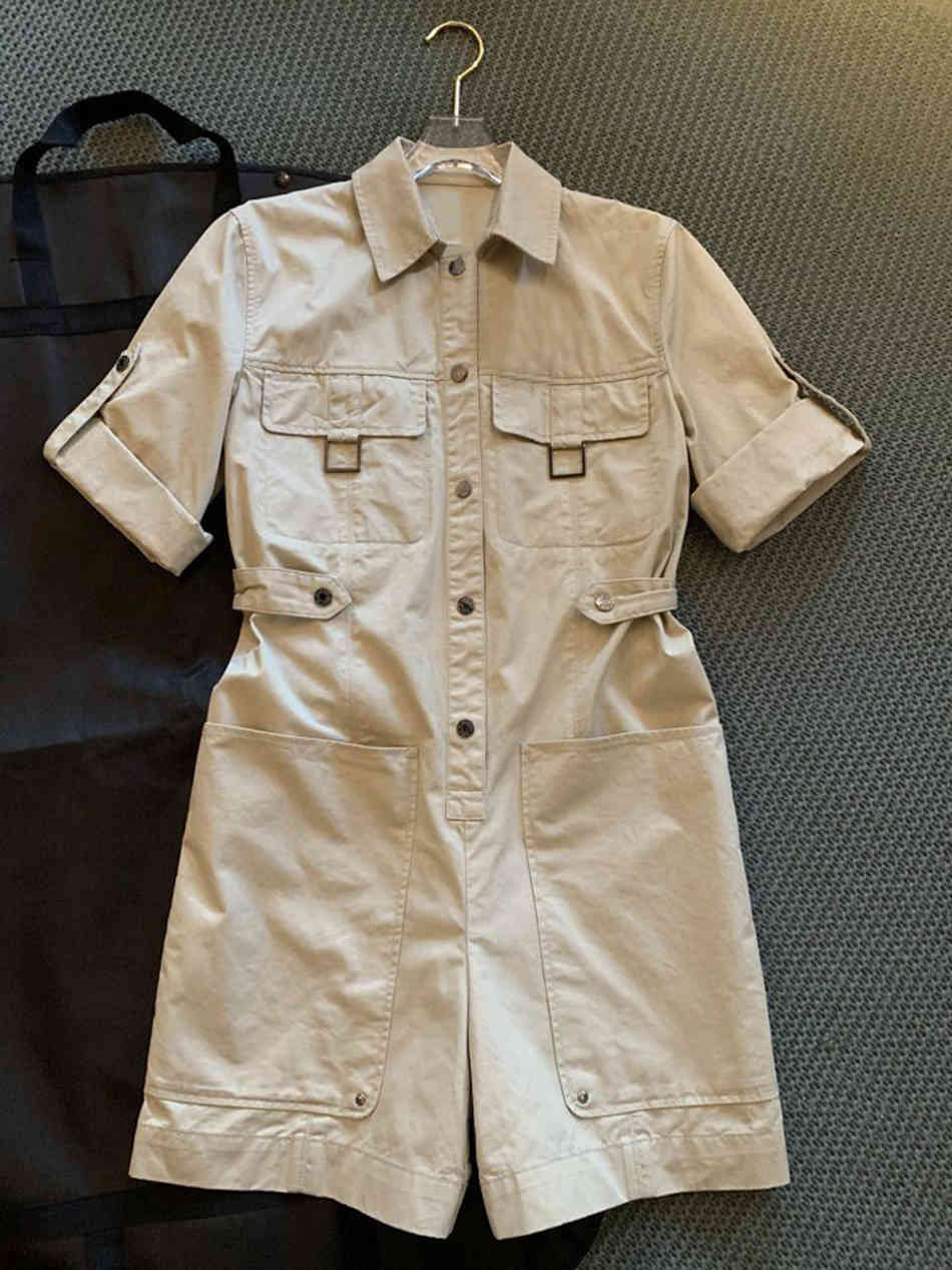 Free Women Jumpsuit Casual Lapel Short Sleeve Big Pocket Back Elastic Band Fashion Workwear 210524