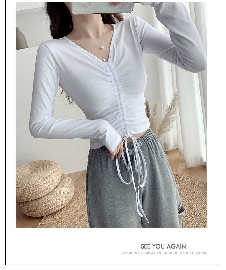 WOMENGAGA Autumn T-shirt Korean Base Tee's Summer Drawstring V-neck Top Tshirt VR3W 210603