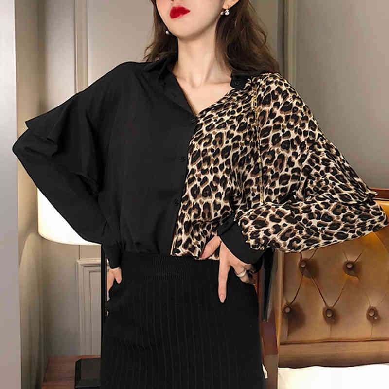 Vintage Shirt Casual Loose Ruffles Tops Fashion Leopard Blouse Women Long Sleeve Spliced Sexy Female Clothes Blusas 12050 210506