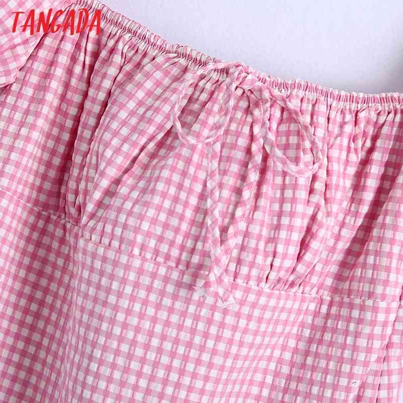 Summer Women Pink Plaid Beach Square Neck Short Sleeve Ladies Mini Dress Vestidos BE600 210416