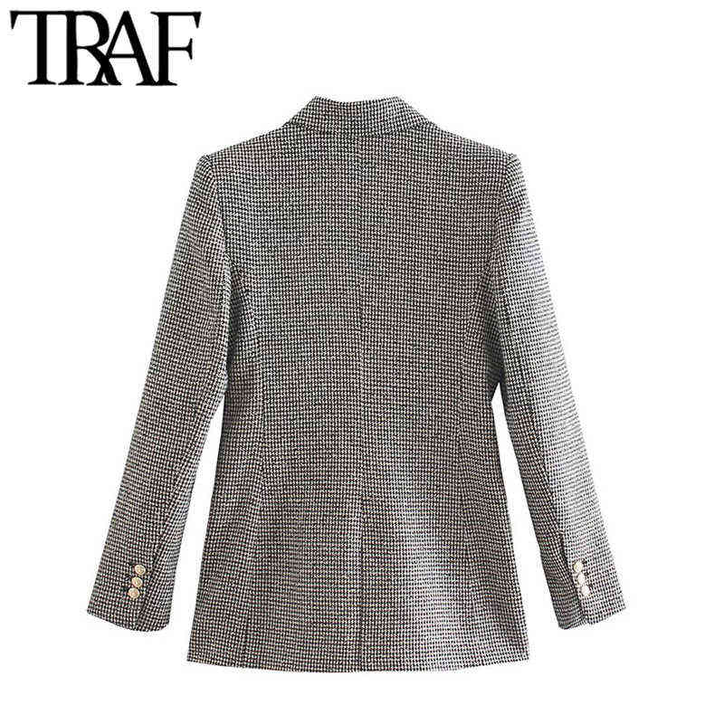 TRAF Women Fashion Houndstooth Fitted Blazer Coat Vintage Long Sleeve Flap Pockets Female Outerwear Chic Veste Femme 211122