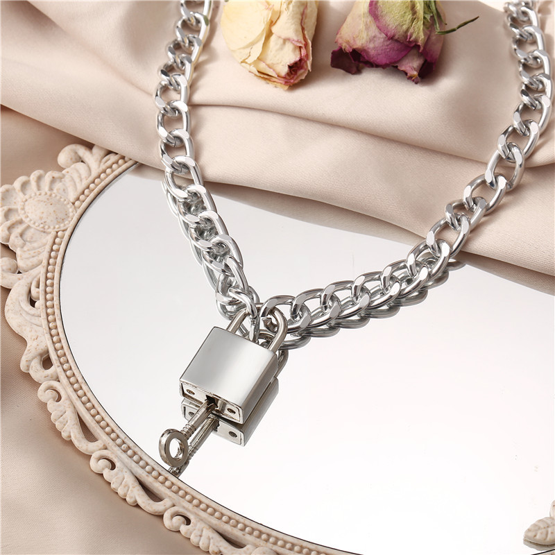 Gothtic Gold Lock Chunky Chain Necklace For Women Men Big Chains Unlockable Locks Key Pendant Necklaces Exaggerated Jewelry
